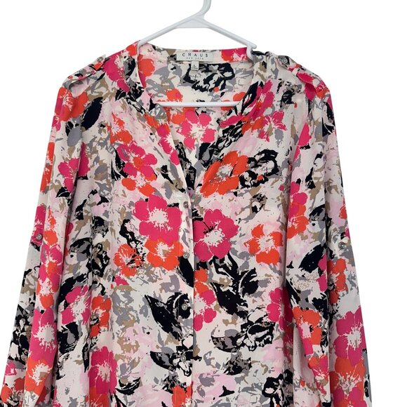 Chaus New York Floral Button-Down Blouse SZ L PinkOrange Lightweight Long Sleeve - Picture 2 of 12